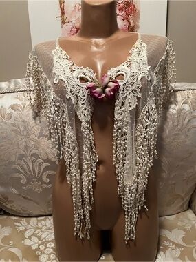Ivory Beaded Lace Fringe Shrug